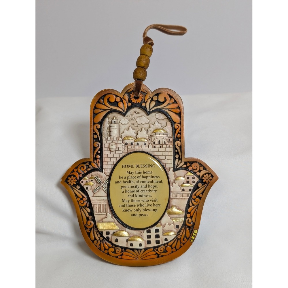 Arto Hamsa Hand Home Blessing Wall Hanging Plaque Jerusalem Relief Gold Accents